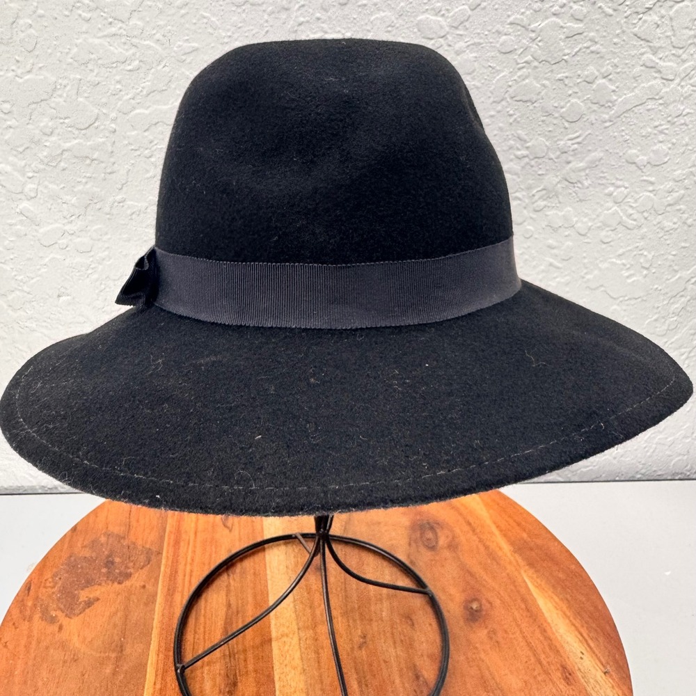Arlin Black 100% Wool Felt Wide Brim Fedora Hat Made in USA Womens Classic Bow